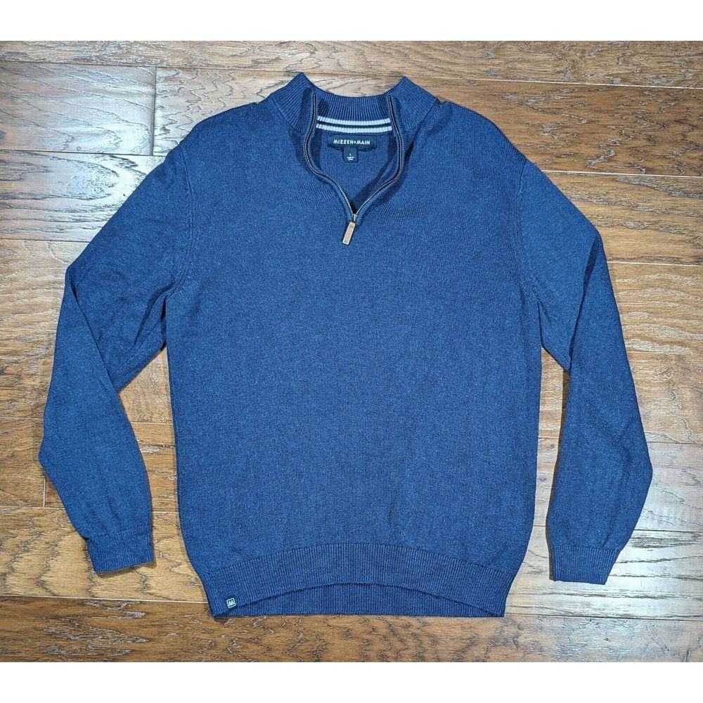 Mizzen + Main Sweater Mens Large Quarter Zip Pullover‎ Blue Cassady Zipper Front